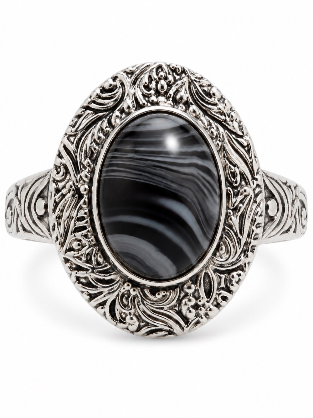 925 Sterling Silver - Hand Crafted Black Striped Stone Oval Ring